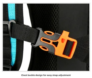 Detail of chest survival whistle buckle and mesh shoulder straps on cycling backpack