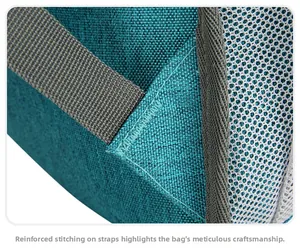 Detail showing reinforced stitching on the breathable shoulder straps of the peacock blue bag