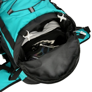 Lake blue 60L hiking backpack with separate shoe compartment and waterproof fabric