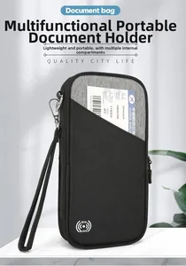 Close-up of waterproof RFID blocking passport holder with security hook on marble table