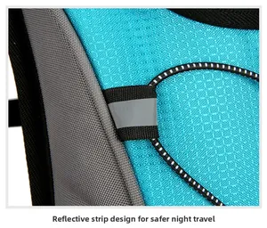 Detail view of reflective safety strip on a water-resistant cycling backpack with grid fabric