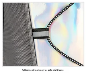 Detail of reflective strip and iridescent fabric on cycling backpack for night safety