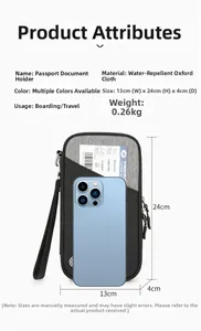 Water-repellent Oxford passport bag dimensions 13x24x4cm with wrist strap detail
