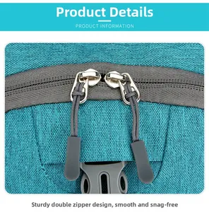 Détail du système de double fermeture éclair sur le sac à dos de cyclisme bleu robuste