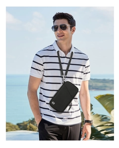 Waterproof RFID passport holder pouch with neck strap shown in outdoor travel scene