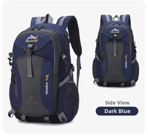 Detailed views of the 40L navy outdoor backpack with side mesh pockets and adjustable straps