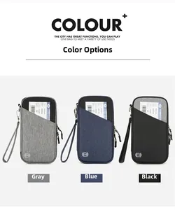 Multi-compartment RFID blocking passport holder bags shown in grey, blue, and black colors