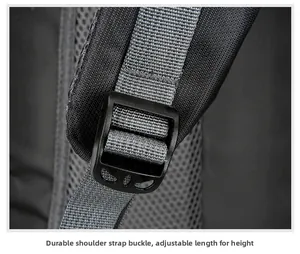 Macro shot of adjustable plastic buckle and breathable mesh padding on gray backpack strap