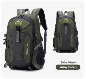 Front and side view of 40L army green outdoor hiking backpack with adjustable side buckles
