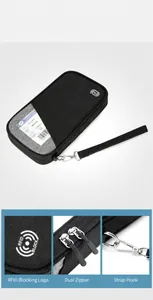 Macro view of multi-layer travel document bag showing RFID protection and durable zippers