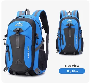 Detail view of 40L hiking backpack showing sky blue durable nylon and side mesh pockets