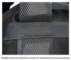 Detailed view of reinforced bartack stitching on breathable mesh backpack shoulder straps