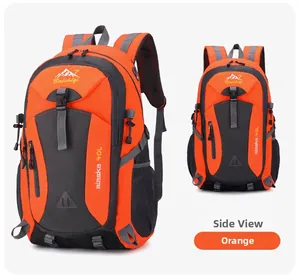 Side view of orange 40L hiking backpack with adjustable buckles and mesh pockets