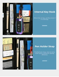 Detail of internal key hook, elastic pen loop and RFID passport slots in travel bag