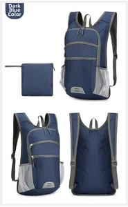 Detail view of foldable outdoor sports backpack showing dark blue color and portable design
