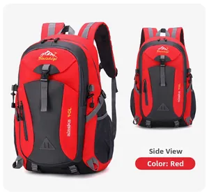 Detailed side view of red 40L hiking backpack with adjustable buckles and side mesh pockets