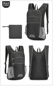 Detailed views of black foldable backpack showing storage pouch and adjustable mesh straps