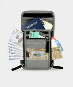 Pochette de voyage grise avec blocage RFID, compartiments pour passeport et cartes bancaires