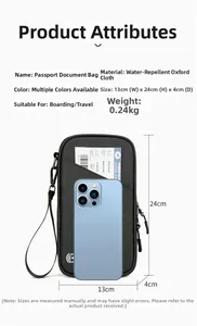 Detail view of the travel passport holder showing dimensions 24x13x4cm and water-resistant fabric
