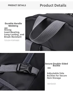Detail of high-strength handle strap and side buckle on 40L black outdoor backpack
