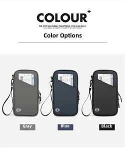 Three RFID blocking travel passport neck pouches in gray, blue and black nylon fabric