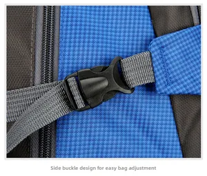 Detail of high-density nylon fabric and side buckle closure for hiking backpack