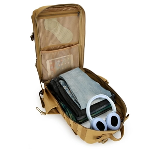 Tactical camouflage backpack in khaki showing a spacious multi-pocket interior storage