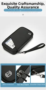 Detail showing RFID blocking fabric and heavy duty dual zippers on the black travel wallet