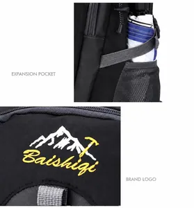 Detail of outdoor backpack side mesh pocket for water bottles and durable nylon fabric