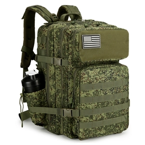 Tactical camouflage military backpack with MOLLE system and US flag patch for hiking