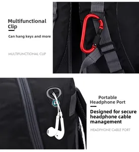 Detail of 40L hiking backpack showing red D-ring buckle and rubber headphone port