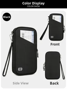 Multiple views of a black RFID blocking passport holder with water-resistant nylon texture