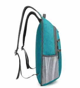 Side view of peacock blue outdoor cycling backpack with breathable mesh pockets and thick straps