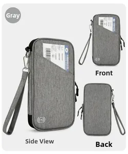 Waterproof RFID passport holder in grey fabric showing ticket slots and wrist strap detail