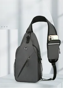 Detail showing grey sling bag with shoulder strap phone pocket and external earphone port