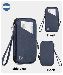 Detailed views of blue RFID blocking passport organizer showing fabric texture and wrist strap
