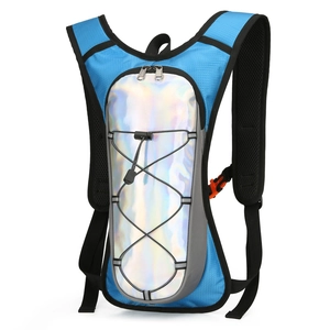 Holographic blue outdoor cycling hydration backpack with breathable straps and bungee cord