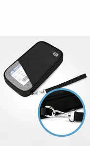 Detail of RFID blocking travel wallet with detachable silver hook and boarding pass pocket