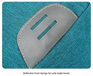 Detail of teal woven fabric and reflective gray pig snout patch for safe night hiking