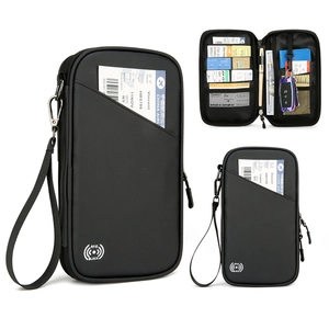 Macro shot of waterproof nylon passport wallet showing RFID protection and internal slots