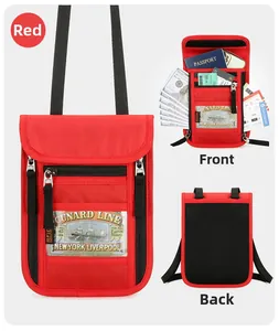 Vue détaillée de la pochette tour de cou rouge RFID avec fentes pour cartes et passeport