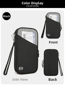 Three-angle view of a black RFID blocking passport holder with security wrist strap