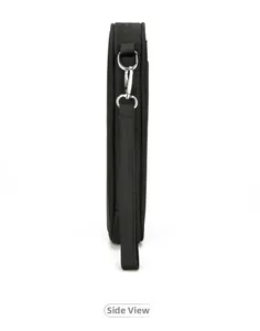 Side view of waterproof passport bag showing metal swivel hook and fabric handle strap