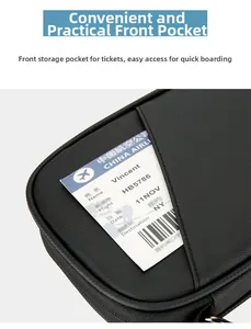 Close-up of black travel organizer showing front pocket for flight tickets and boarding passes
