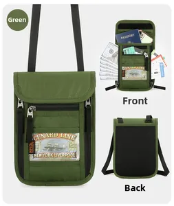 Pochette de voyage verte avec protection RFID montrant les compartiments pour passeport et cartes