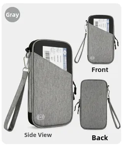 Grey RFID blocking travel passport wallet with multiple pockets and wrist strap detail