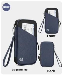 Three-view layout of blue RFID-blocking passport wallet with zipper and lanyard
