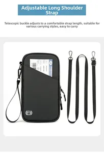 Detail of black RFID blocking travel wallet with adjustable strap and wristlet