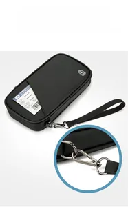 Detail view of black travel passport wallet with RFID blocking and detachable strap