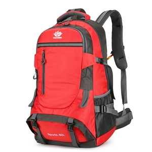 Red 60L outdoor hiking backpack with ergonomic straps and large capacity for trekking